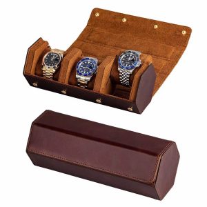 Luxury brown leather 3 slot watch box