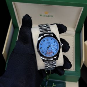 Roman Silver male blue face Rolix watch