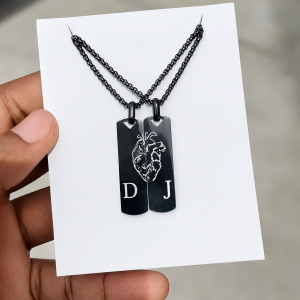 Black Engraved heart couple’s necklace with initials