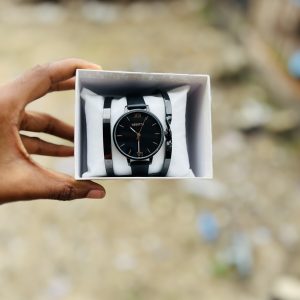 Rebirth black leather watch combo 005
