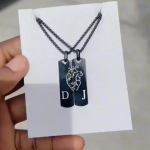 Black Engraved heart couple’s necklace with initials