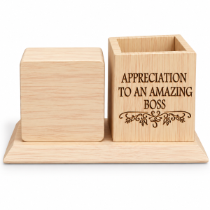 Engraved wooden square pen clock holder