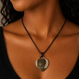 Engraved black picture love necklace with barcode