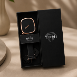 Tomi black strap rose gold black face watch 035