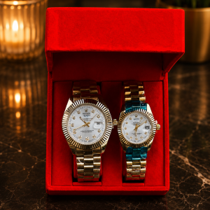 Gold Rolex white face presidential couples combo comes boxed 004