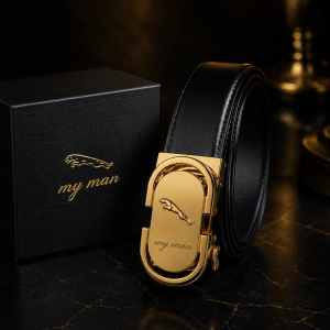 gold face jaguar engraved belt  boxed