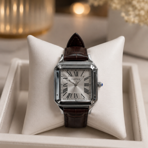 Brown leather silver dark silver face Cartier 007