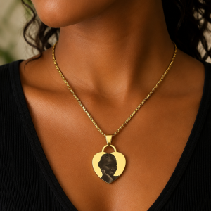 Engraved gold picture love necklace with barcode