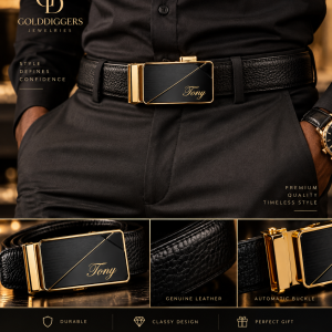 Black gold engraved belt boxed