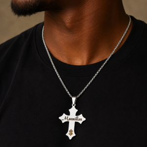Engraved silver cross necklace