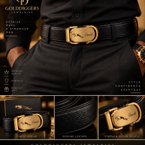 gold face jaguar engraved belt  boxed