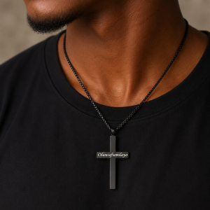 Engraved black cross necklace