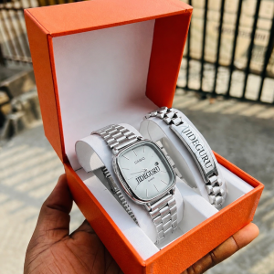 Engraved Silver Casio combo with leather box