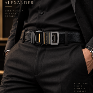 Black buckle engraved belt boxed
