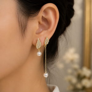Gold pearl long short earrings