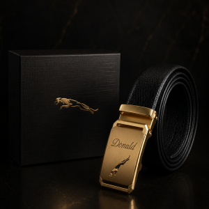 Black gold jaguar engraved belt  boxed
