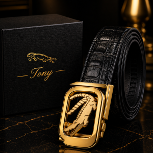 Black gold crocodile engraved belt boxed