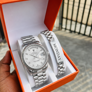 Engraved silver black face Rolix combo with leather box