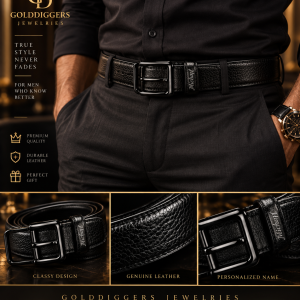 Black reversible vintage buckle engraved belt boxed