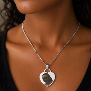 Engraved silver picture love necklace with barcode
