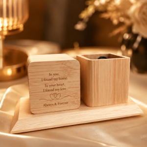 Engraved wooden square pen clock holder