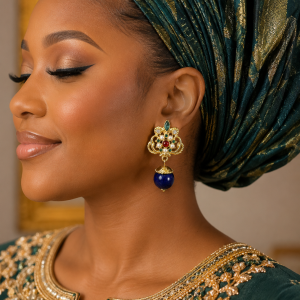Gold blue drop circle earrings 004