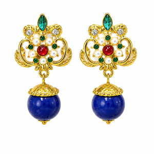 Gold blue drop circle earrings 004