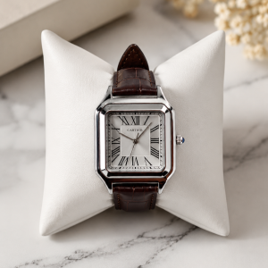 Brown leather strap silver silver face Cartier 006