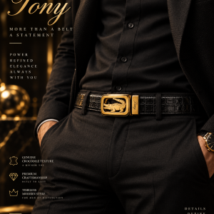 Black gold crocodile engraved belt boxed