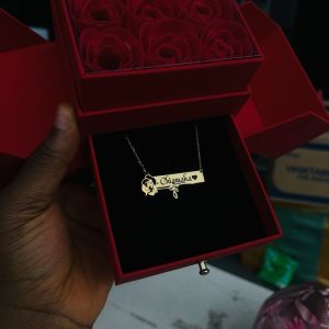 Engraved gold flower necklace with exact box