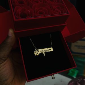 Engraved gold flower necklace with exact box