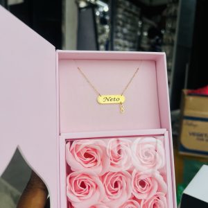 Engraved gold dropping infinity necklace comes with exact box