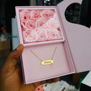 Engraved gold dropping infinity necklace comes with exact box