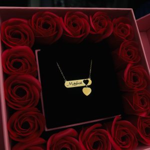 Engraved gold love dropping necklace comes with exact box