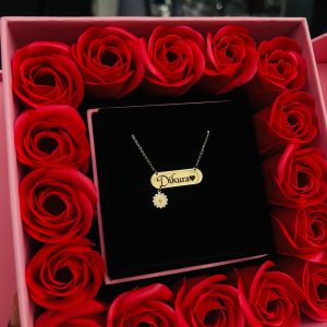 Engraved gold dropping flower necklace comes with exact box