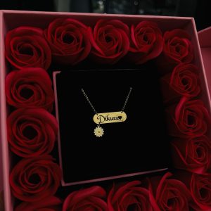 Engraved gold dropping flower necklace comes with exact box