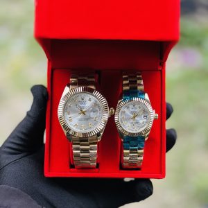 Gold Rolex white face presidential couples combo comes boxed 004