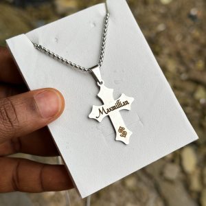 Engraved silver cross necklace