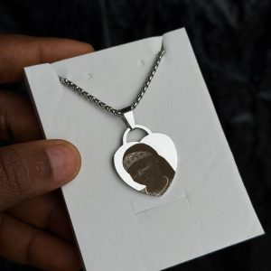 Engraved silver picture love necklace with barcode