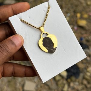 Engraved gold picture love necklace with barcode