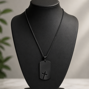 Engraved Black flat cross necklace