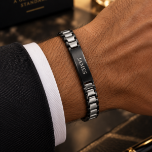 Engraved flat silver and black bracelet