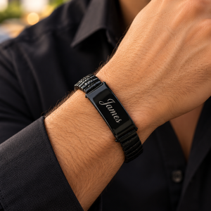 Engraved black stretchy bracelet 021