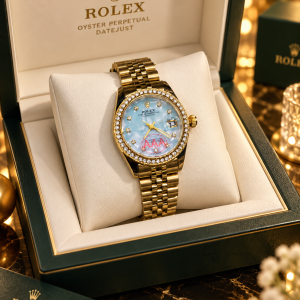 Gold blue presidential female face watch