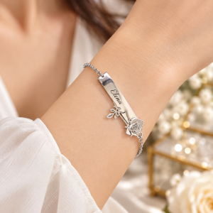 Engraved silver rose bracelet