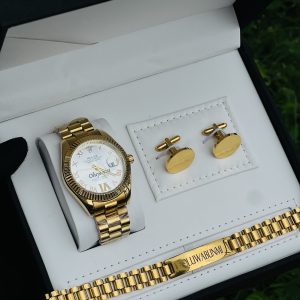 Engraved gold Roman white face Rolex male combo comes with exact box 014