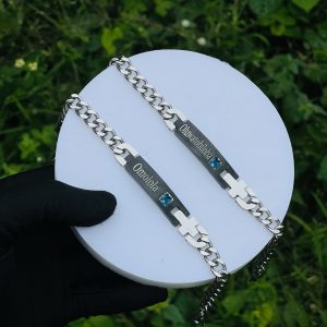 Engraved silver black blue gemstone couple bracelets no box 022