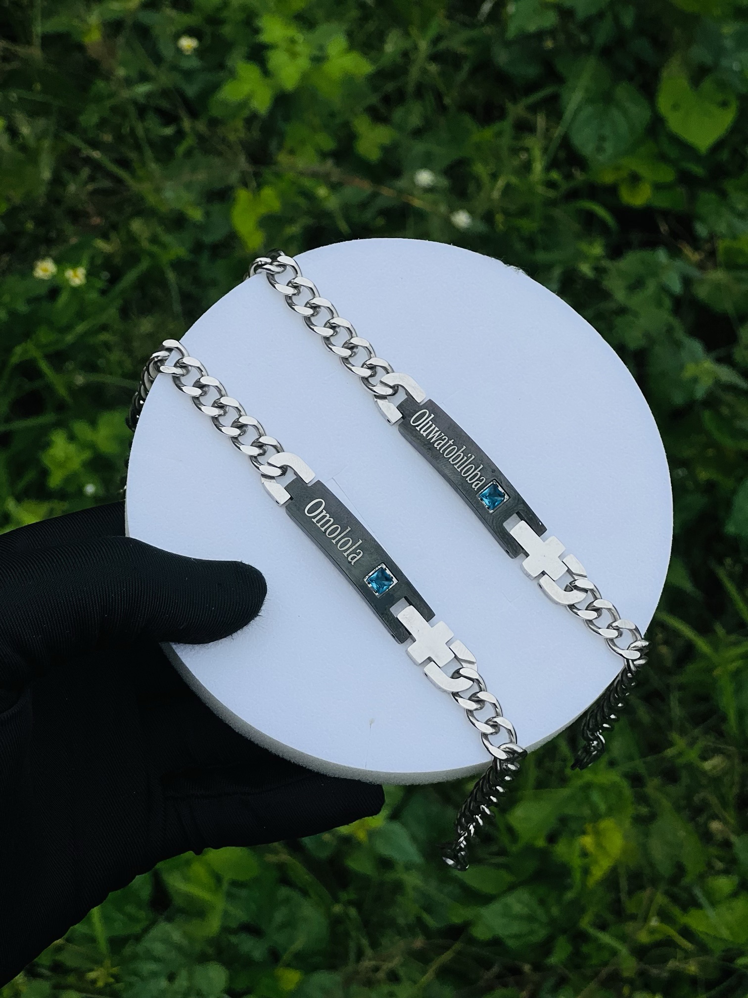 Engraved silver black blue gemstone couple bracelets no box 022 - Image 2