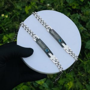 Engraved silver black blue gemstone couple bracelets no box 022