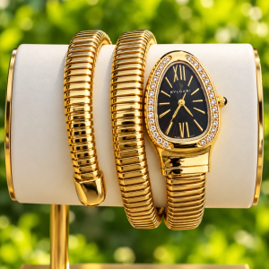 Bvlgari gold black face spiral watch